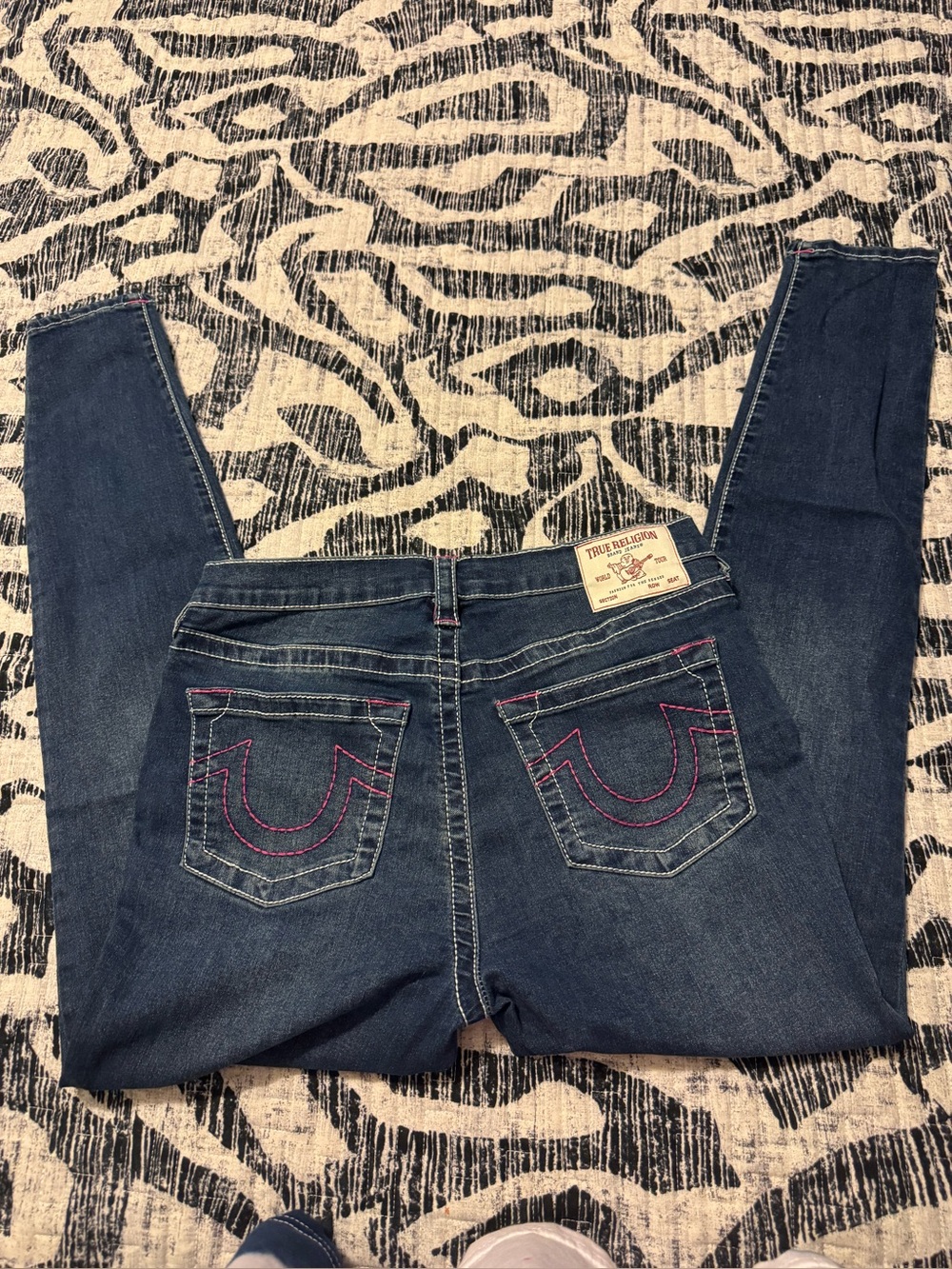 True Religion Women's Indigo Halle High Rise Super Skinny Jeans with Pink Stitch